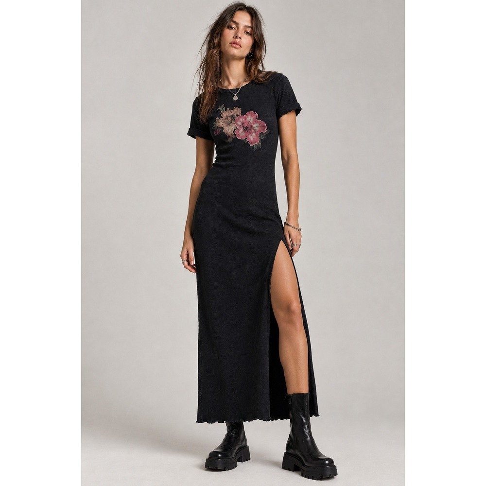 Free People x Vintage Souls Maxi Dress Womens XS Hibiscus Graphic Waffle Knit